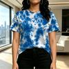 Blue White Tie Dye Basic Crew Neck Short Sleeve Top Soft Cotton Loose Fit, Casual Daily Wear for Short Trips