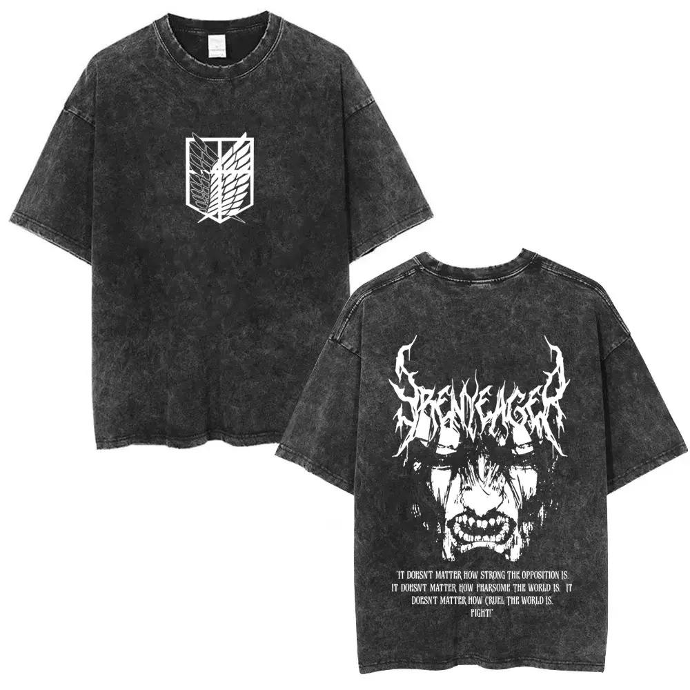 Washed Retro Anime Attack Titan Pattern T-Shirt Men'S And Women'S Comics Retro Oversized T-Shirt Men'S Fashion Casual Cotton T