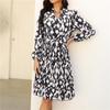 Women's Spring Pleated Print V Neck Long Sleeve Lace Up High Waist Knee-Length Dress