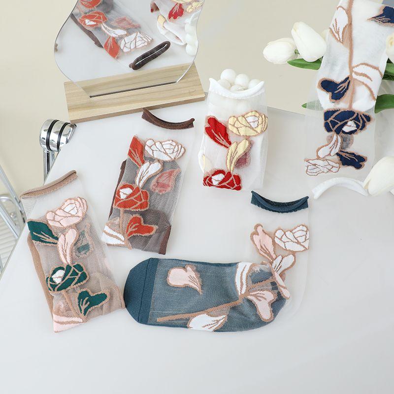 1/3/5/10 пар прозрачных нейлоновых длинных носков, женские летние ультратонкие дышащие шелковые носки с кристаллами, милые кружевные носки с вышивкой и цветочным узором