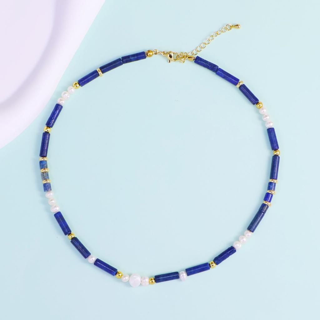 Natural Lapis Lazuli Beaded Ladies Necklace Collarbone Chain Freshwater Pearl Premium Versatile