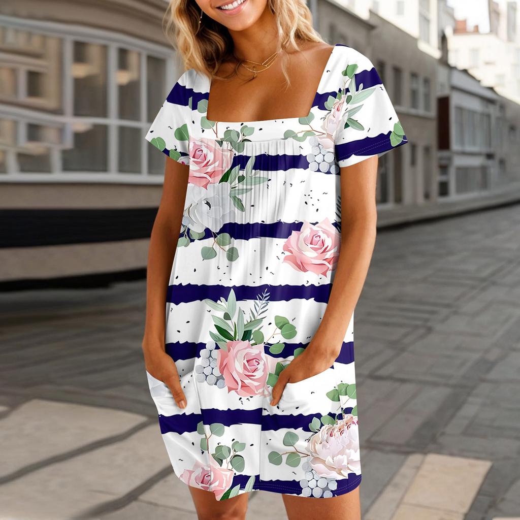 Женские летние повседневные платья с квадратным вырезом, плиссировкой спереди и карманом, с короткими рукавами и принтом