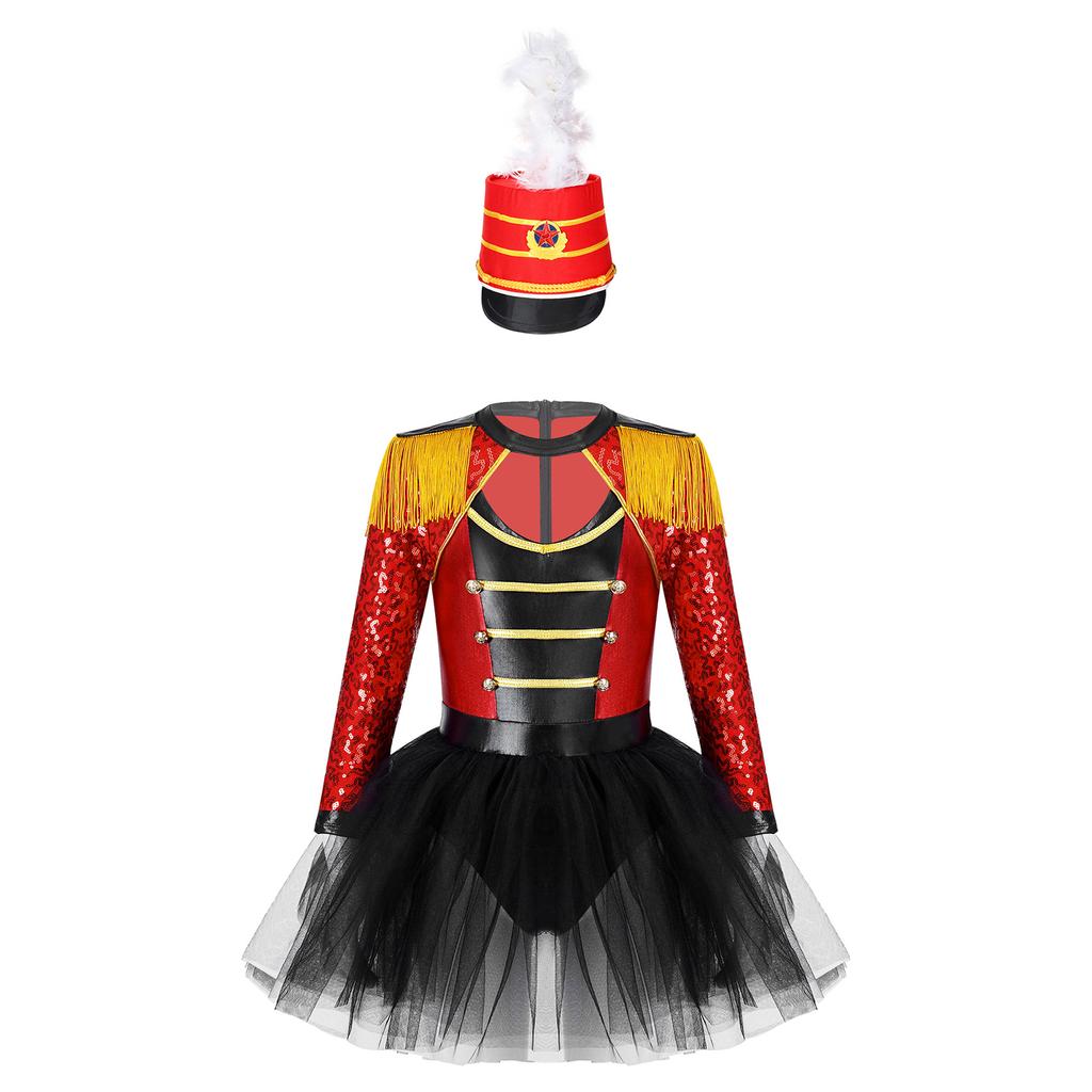Kids Honour Guard Outfit Tutu Leotard Dress with Feather Hat Back Zipper for Cosplay