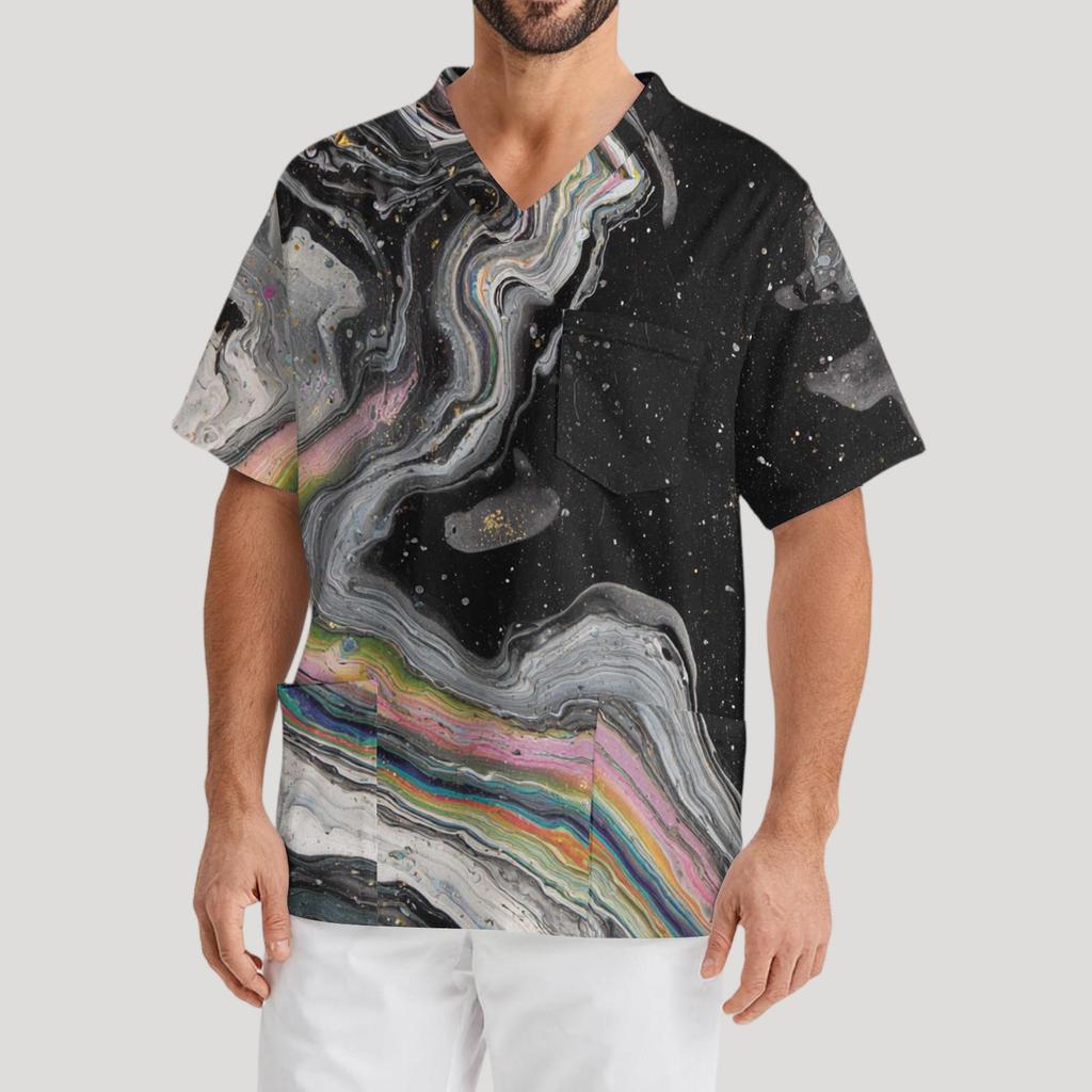 Мужская рабочая блузка с короткими рукавами и v-образным вырезом с принтом, топ с нагрудным карманом