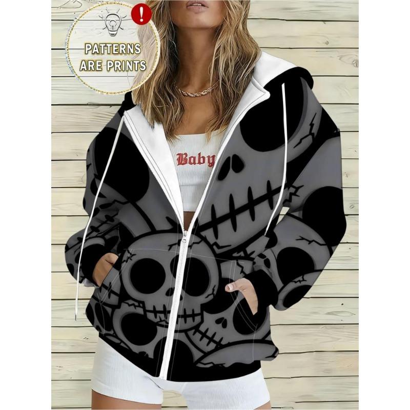Women's gray and black Halloween print hooded zipper jacket, loose cardigan sweatshirt
