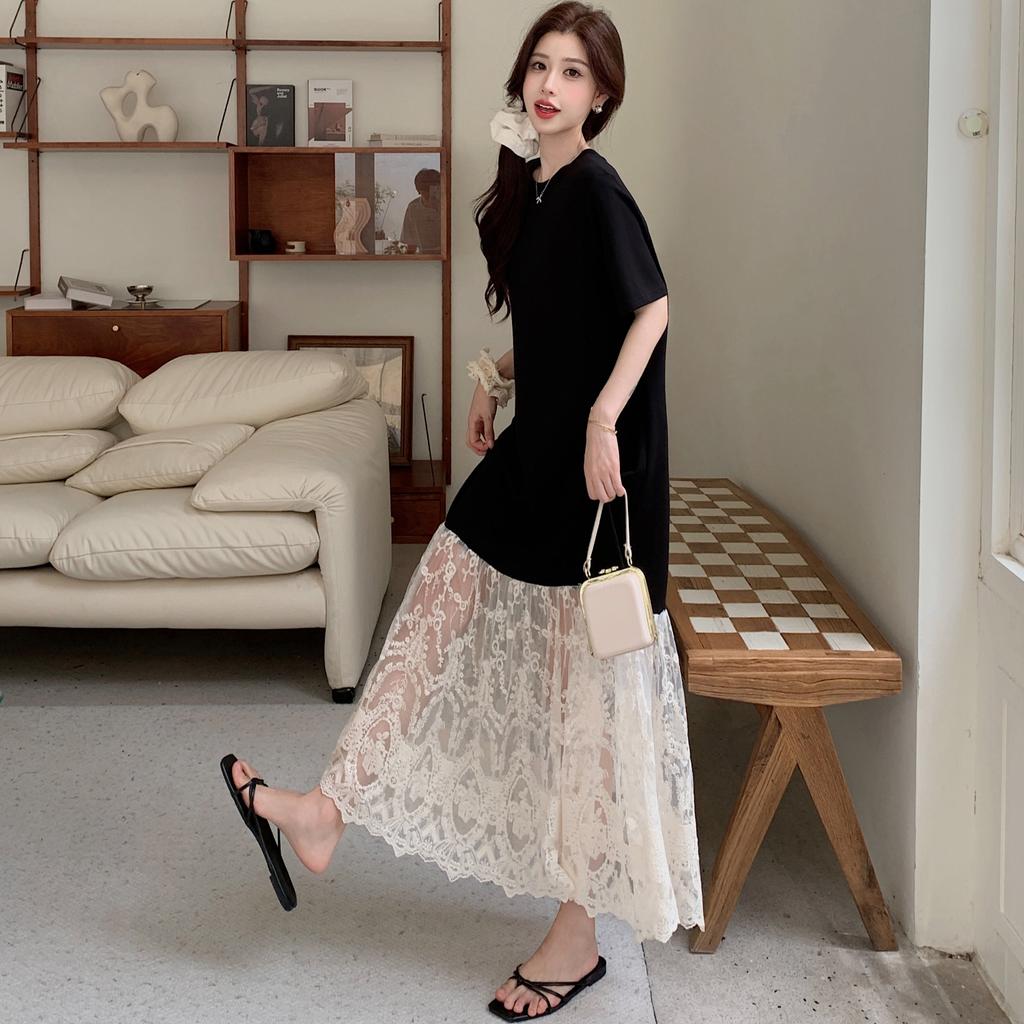 Dimanaf 2025 Лето Плюс Размер Платье Женское Свободное Винтажное Повседневное Базовое Оверсайз Кружевное Сращивание Длинное Платье