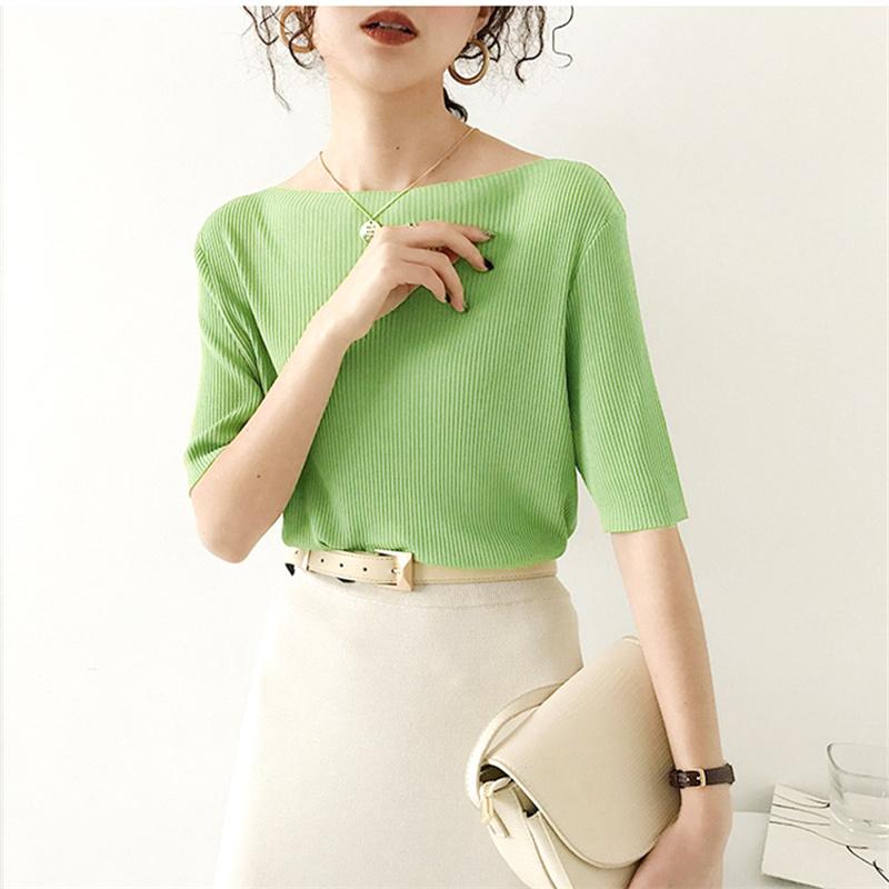 2022 летняя новая однотонная футболка с короткими рукавами, женская футболка из ледяного шелка, свободная корейская вязаная эластичная нижняя рубашка, верхняя одежда