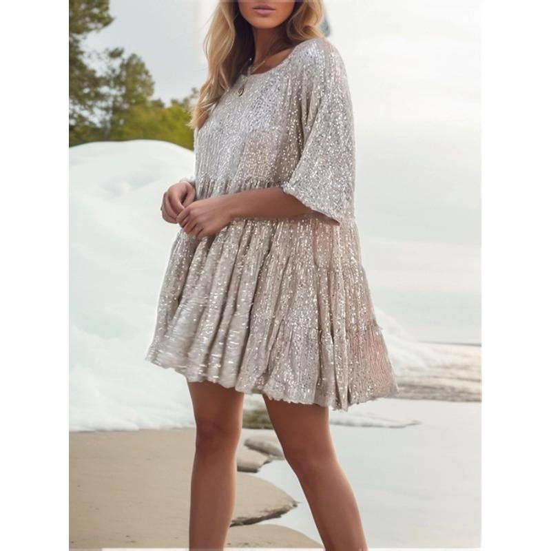 Модные блестки с круглым вырезом, свободная талия, короткие платья с короткими рукавами, платья, вечерние платья