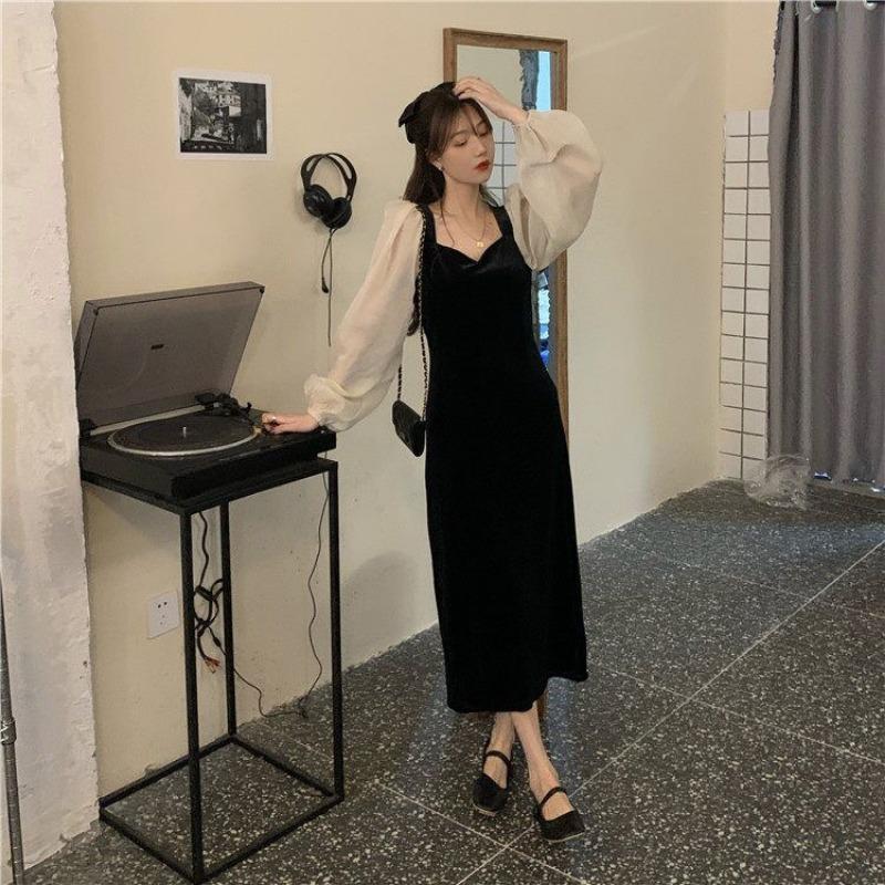 Autumn Winter Square Collar Patchwork Vintage Dress Women Lantern Long Sleeve Elegant Fashion Robe Vestidos