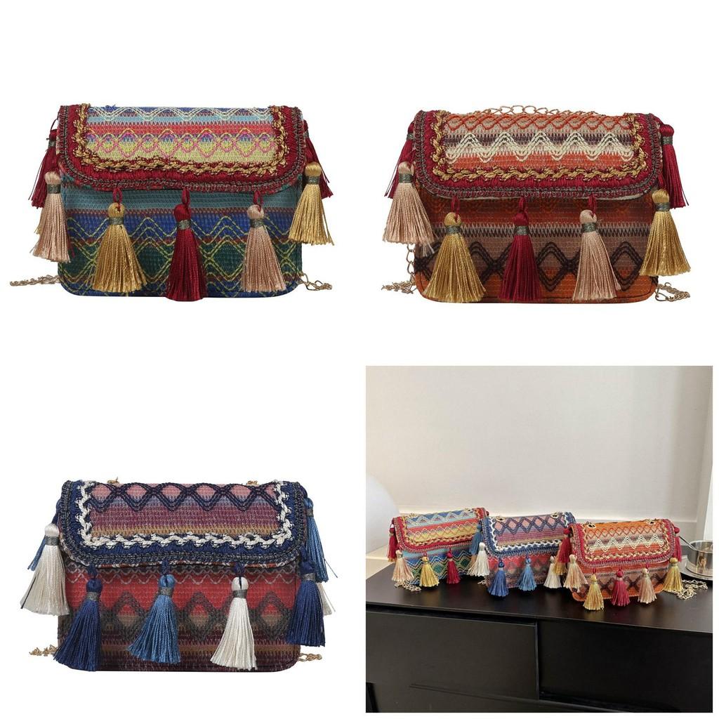 Ethnic Style Fringed Small Square Bag With Chain Strap For Daily Casual Wear