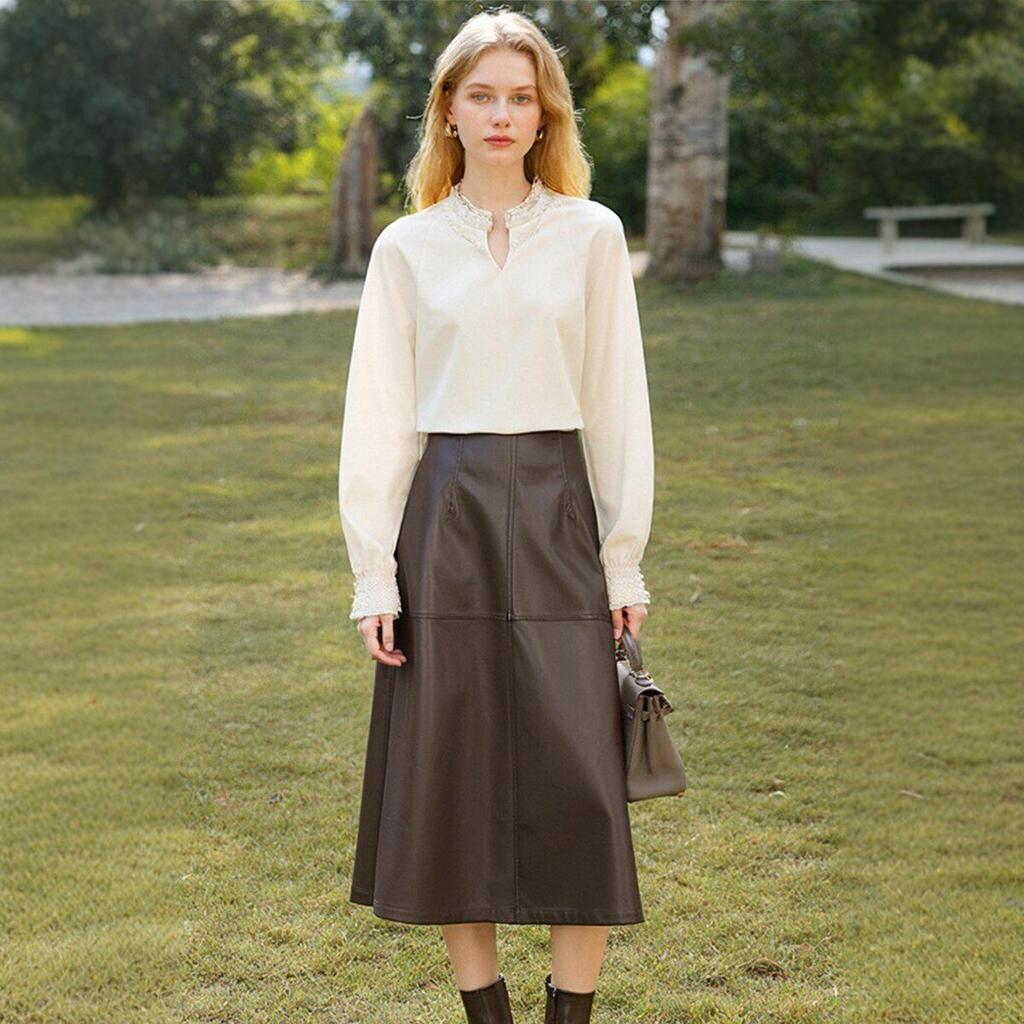 DU's Ace High-Waisted Korean A-Line Leather Midi Skirt - Autumn Collection