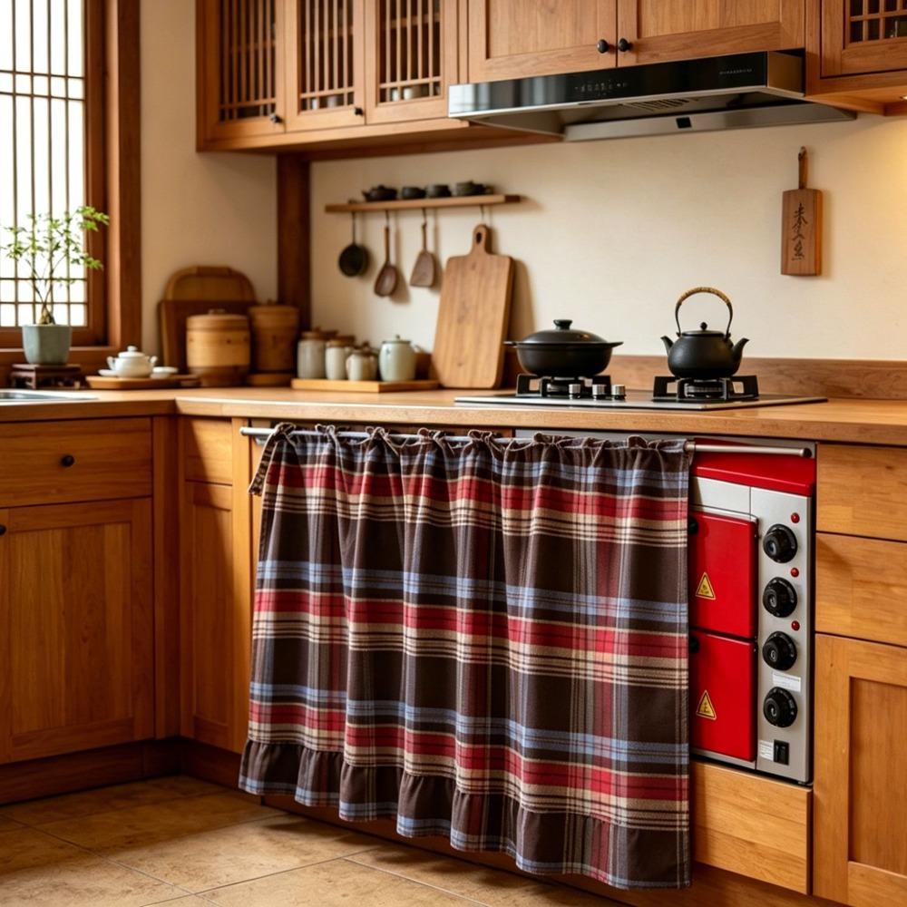 Ruffled Edge Farmhouse Plaid Kitchen Oven Skirt Cotton Privacy Partition Curtain Porch