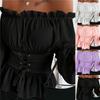 Fashion Plus Size Women Spring Shirt Ruffled Lace Collar Neckline Waist Strap Chiffon Shirt Off-Shoulder Long Puff Sleeve Sweet Tops