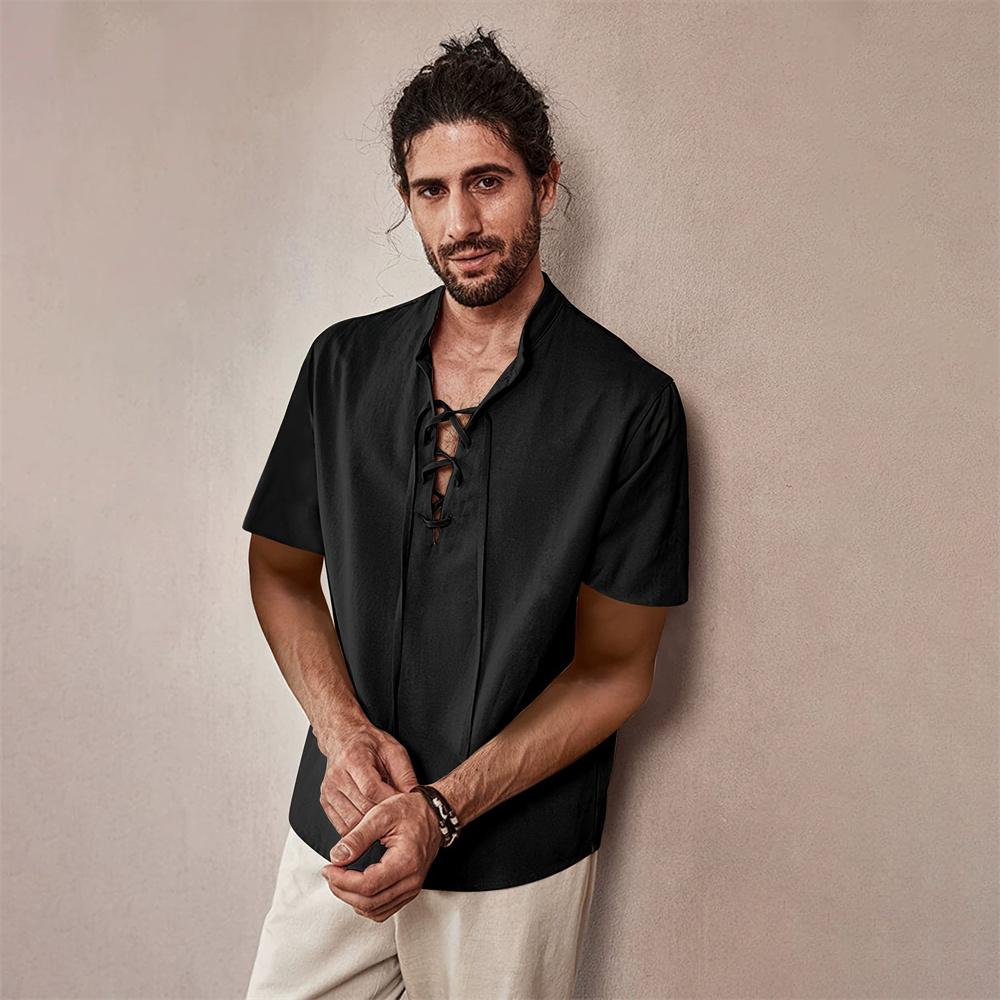 Винтажная футболка с коротким рукавом и V-образным вырезом для мужчин, однотонная, из хлопка и льна, дышащая, легкая, стильная, модная, мужские топы