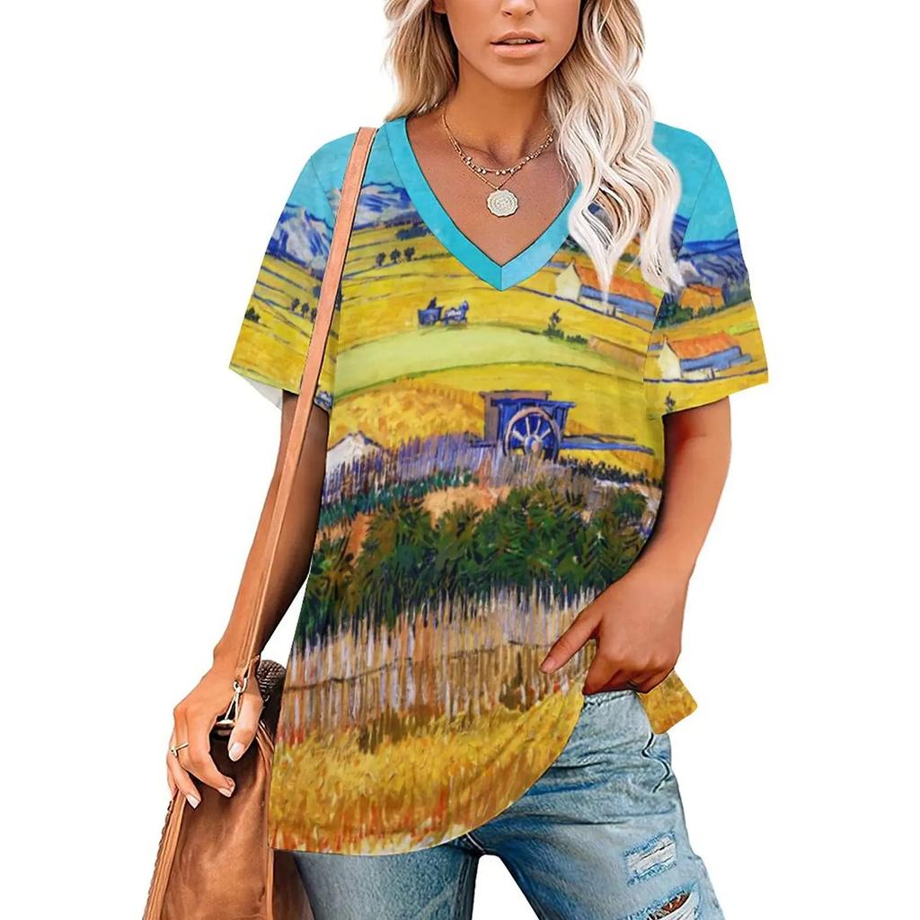 Van Gogh T-Shirts Oil Painting 3D Print Women Short Sleeve T Shirt V-Neck Streetwear Oversized Harajuku Female Tees Top Clothing