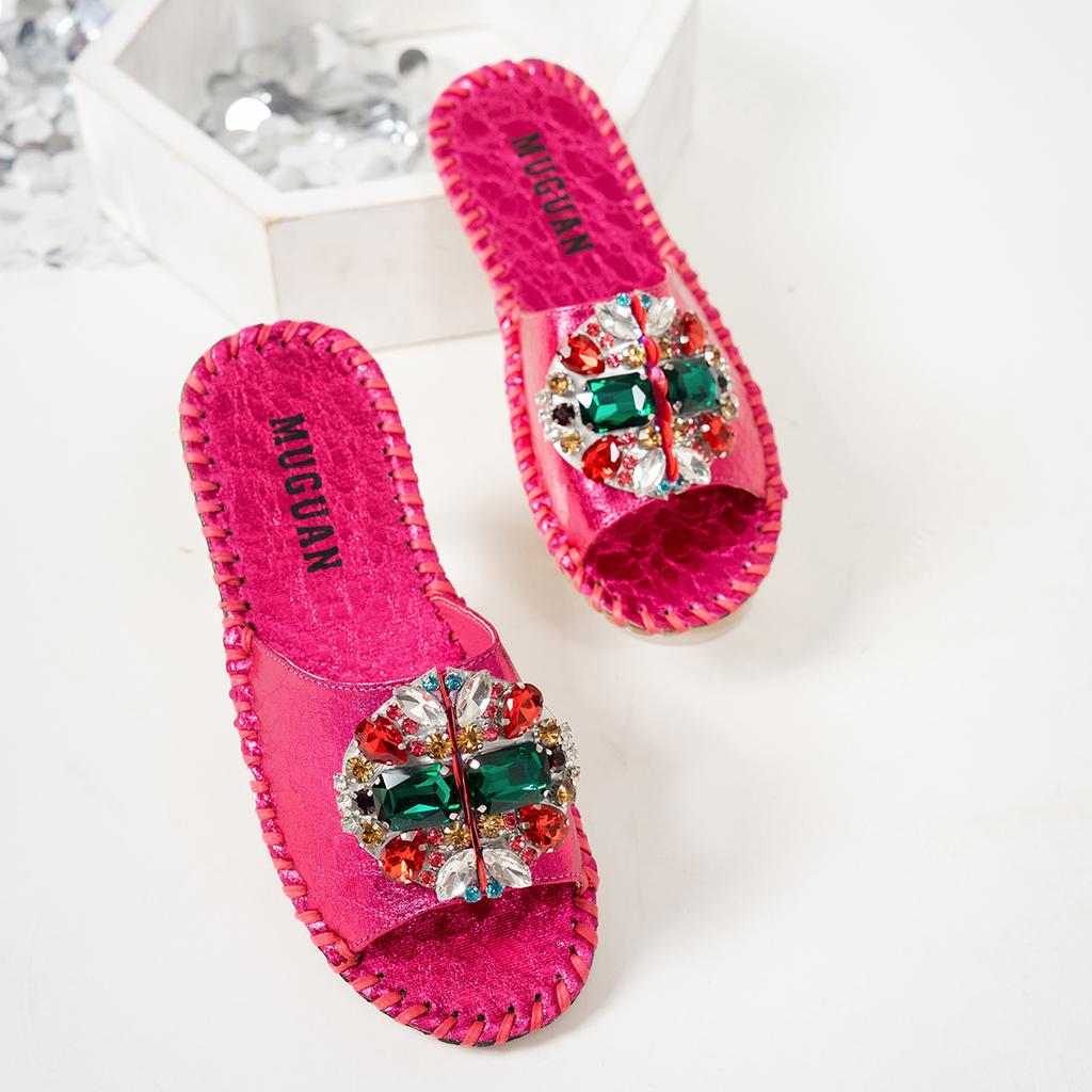 Fashion Aphixta Bling Crystal Luxury Slippers Women Round Toe Colorful Summer Shoes Flat Heel Outdoor Slides Zapatos De Mujer Pantunflas