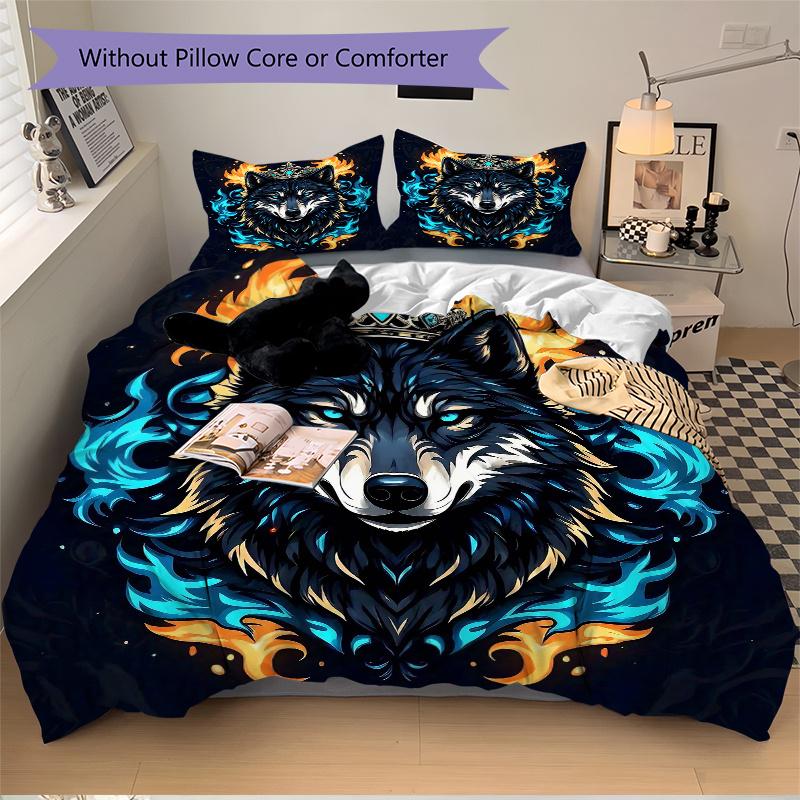 3pcs Flame Crowned Wolf Quilt Cover Set (1 Quilt Cover + 2 Pillowcases Without Pillow Core), High-Definition Printing for Home and Dormitory.J048