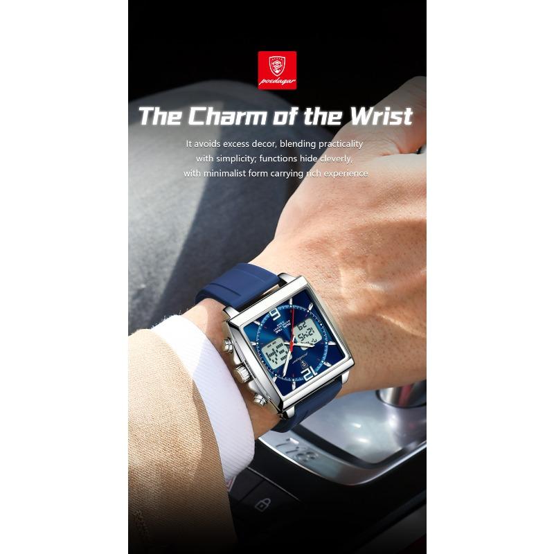 POEDAGAR Luxury Top Man Watch Electronic Square LED Alarm Chronograph Watches Week Date Dual Time Display Quartz Clock