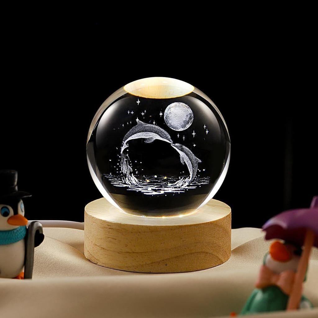 Crystal Ball Night Light Lamp with Dolphin Design Night LED Lamp with Wooden Base for Kids Room, Bedroom Home Decor, Office, Birthday