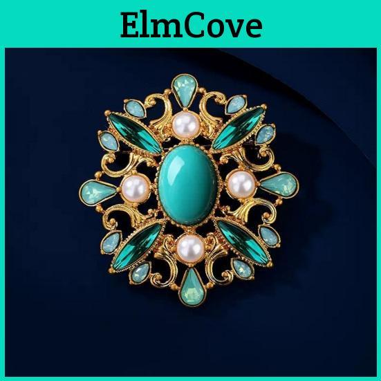 Palace Retro Style Women Brooch Green Rhinestones Faux Pearls Exquisite Pin Vintage Suit Lapel Buckle Badge Outfit Accessories