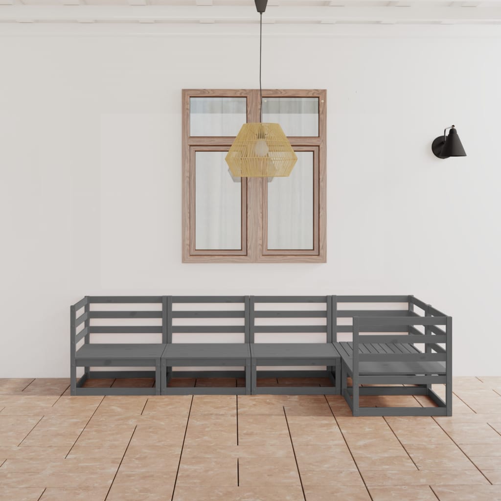 5 Piece Garden Lounge Set Grey Solid Pine Wood
