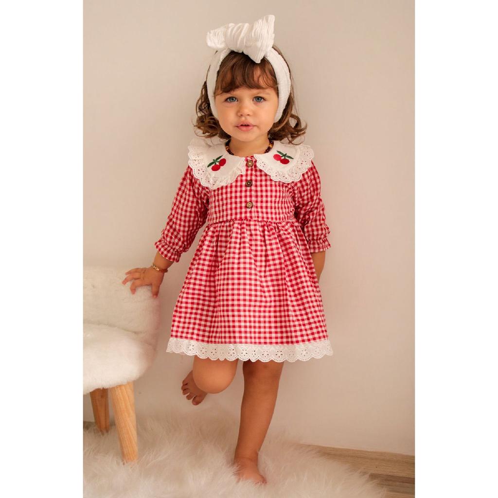 Baby Girl Red White Gingham Cherry Embroidered Ruffle Collar Dress