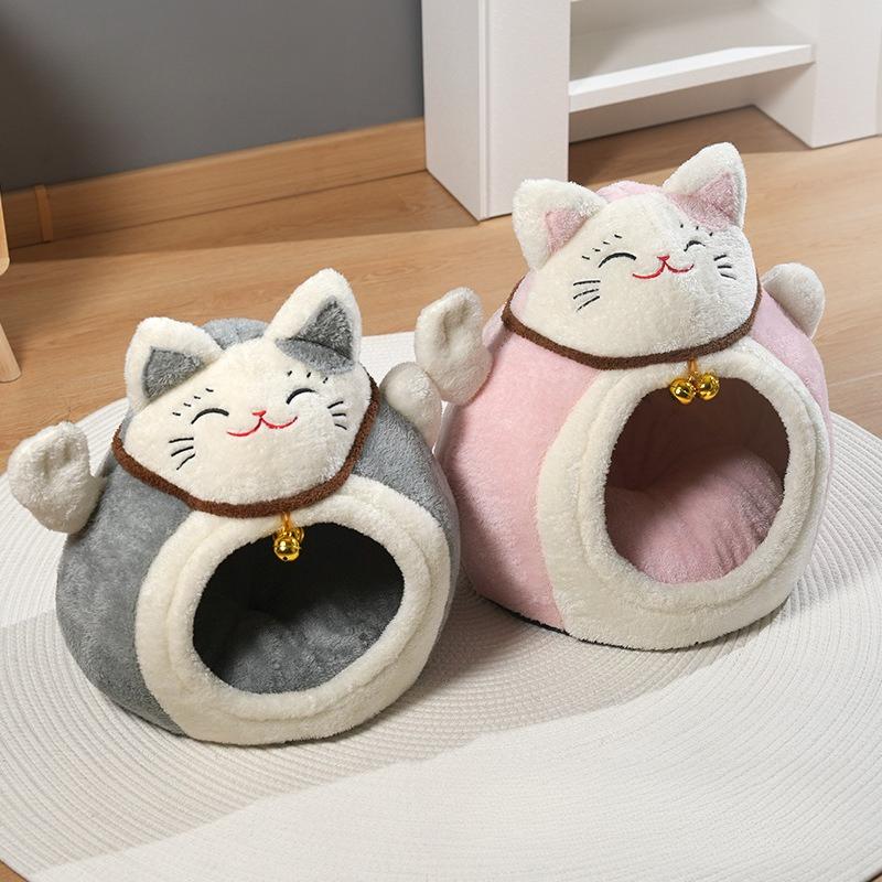Лежанка для кошек для дома - Кот-талисман Манеки-неко, Пещера-лежанка для кошки, Супермягкая успокаивающая лежанка для питомца, Котенка и Щенка, Маленькой Собаки, Теплый Плюш, Укрытие для кошки
