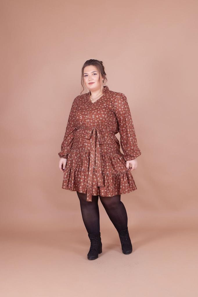 Женское платье большого размера Плюс размер Светло-коричневое бархатное платье с цветочным узором и воротником