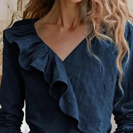 Женская блузка с V-образным вырезом, длинными рукавами и рюшами, однотонная, для работы, вечеринок, повседневной носки.