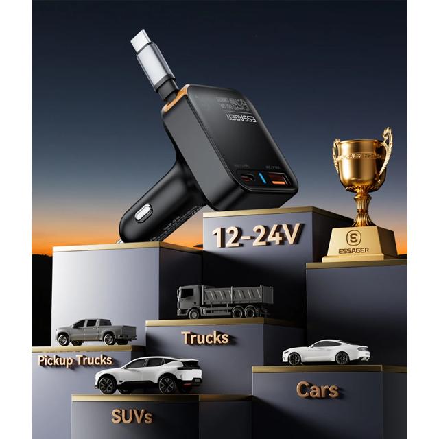 Essager 65W USB C Автомобильное зарядное устройство 3 порта с выдвижным кабелем PD3.0 QC3.0 30W Быстрая зарядка для iPhone 16 15 iPad Samsung Xiaomi