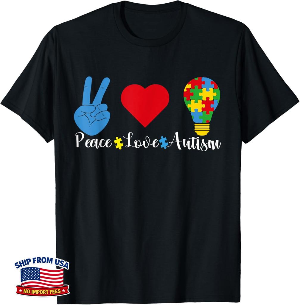 Peace Love Autism Puzzle In April We Wear Blue For Autism T-Shirt