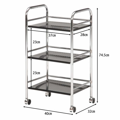 Fuji Boeki Kitchen Cart, 3-Tier, 40cm Wide X 32cm Deep X 74.5cm High, Black, Steel, with Casters, Assembly Required, 93396