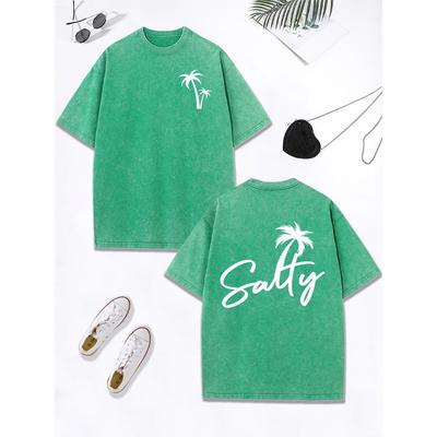 Соленый Кокос Дерево Арт Принт Букв Выстиранная Футболка Женская Хлопковая Футболка Оверсайз Круглый Вырез Удобные Топы Одежда
