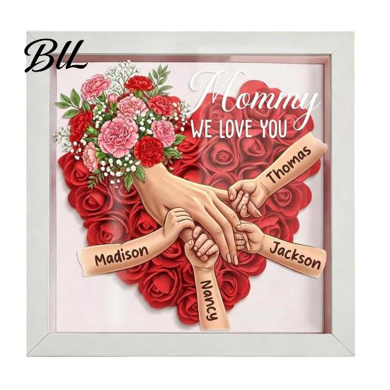 Shatterproof Acrylic Frame Personalized Mommy I Love You Flower Shadow Box Custom Names Holding Hands Gifts for Mom Grandma from Daughter or
