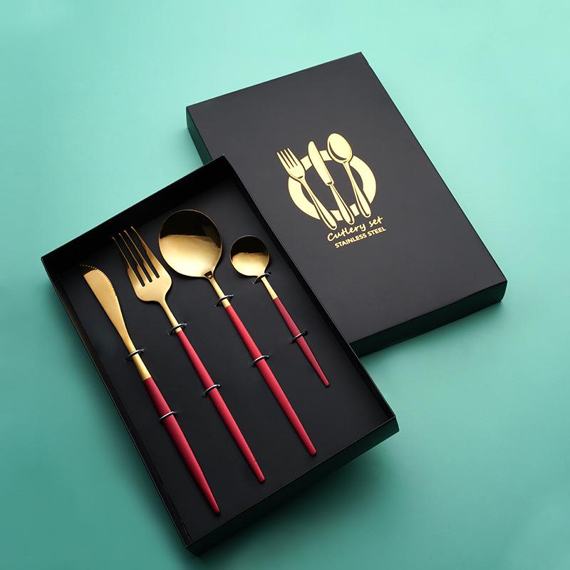 Португальский набор столовых приборов: Нож, вилка, ложка из нержавеющей стали - подарочная коробка для стейков в стиле вестерн из 4 предметов