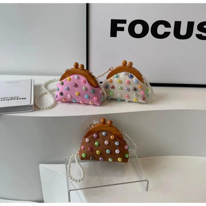 Красочные холщовые сумки через плечо с маленькими ракушками, деревянные застежки, жемчужные бусины, компактные сумки через плечо для женщин, повседневные, милые