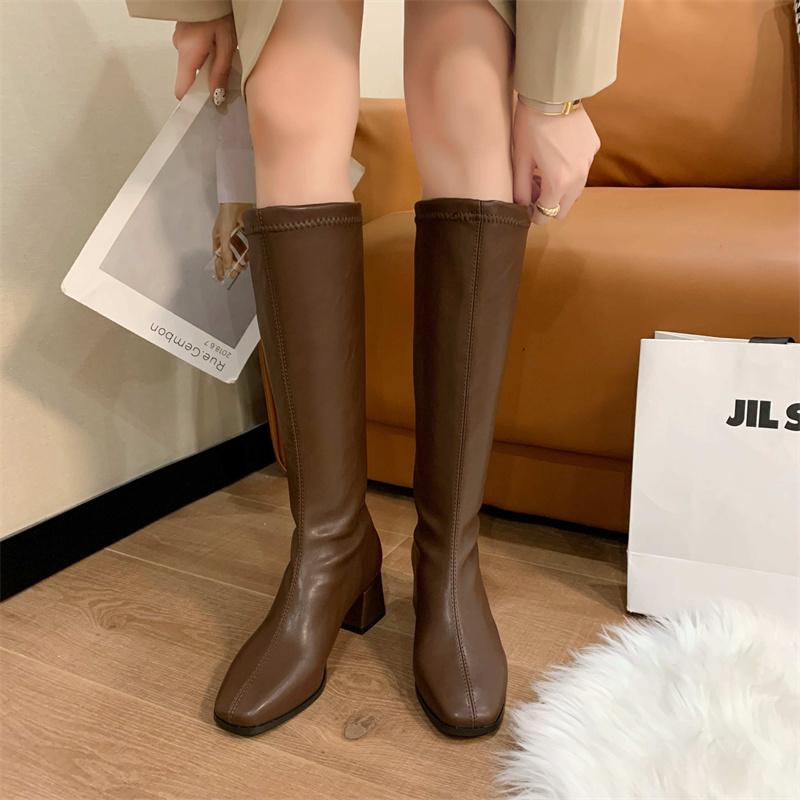 2024 Knee High Boots Women Fleece Chunky High Heels Back Zipper Thigh High Boots PU Leather Shoes Fashion Winter Long Boots