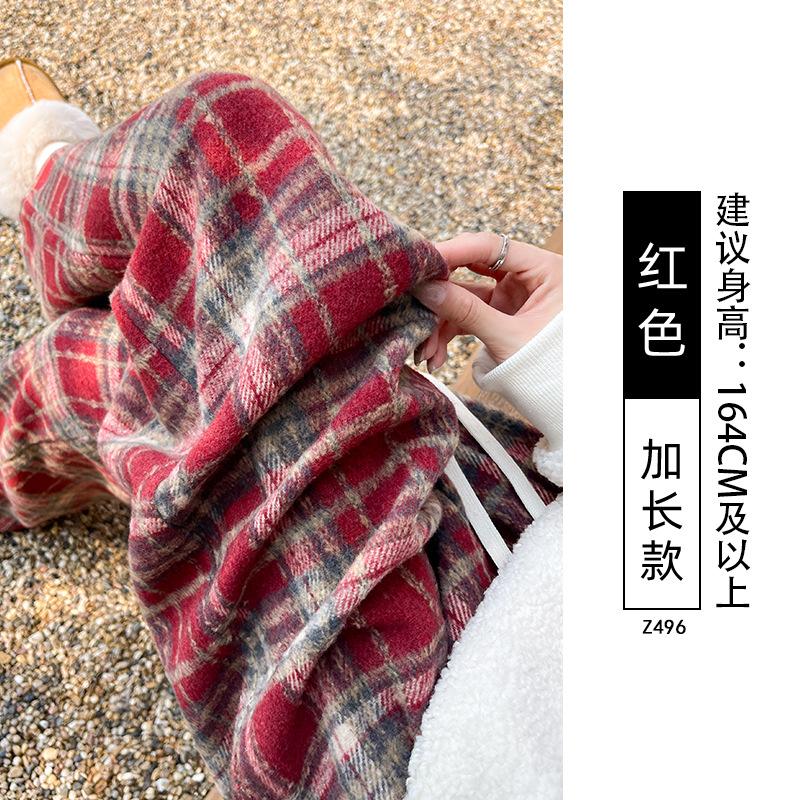 Red Woolen Plaid Pants Women's Spring and Autumn New High-waisted Drooping Straight Loose and Lazy Casual Wide-leg Pants