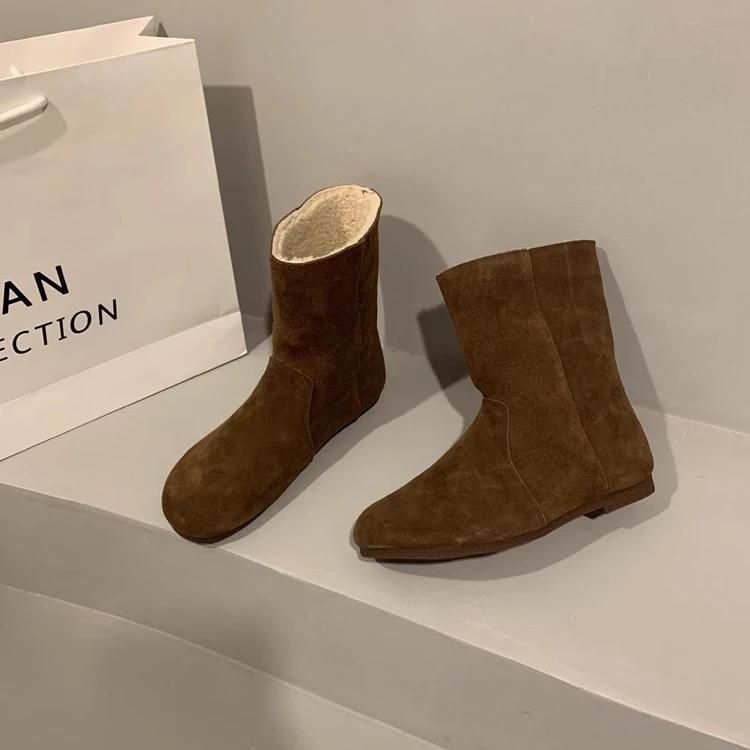 Ретро женские ботинки Высокие женские туфли Зимняя женская обувь Плюшевые короткие ботинки Женские с круглым носком Модные замшевые ботинки Ботас