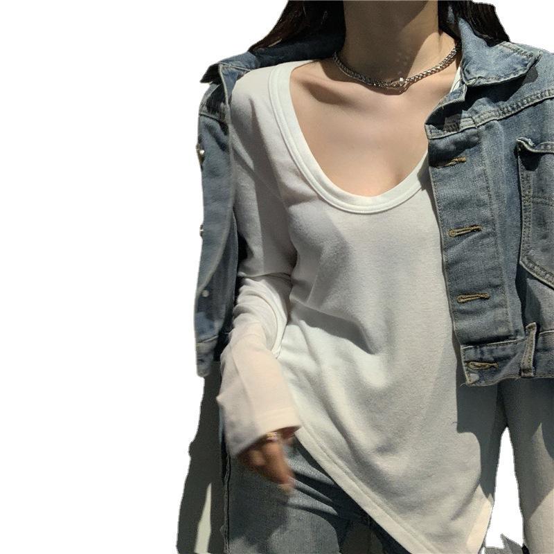 Women's Slim Fit Long-Sleeve White Low Collar Stylish T-Shirt (Autumn 2024)