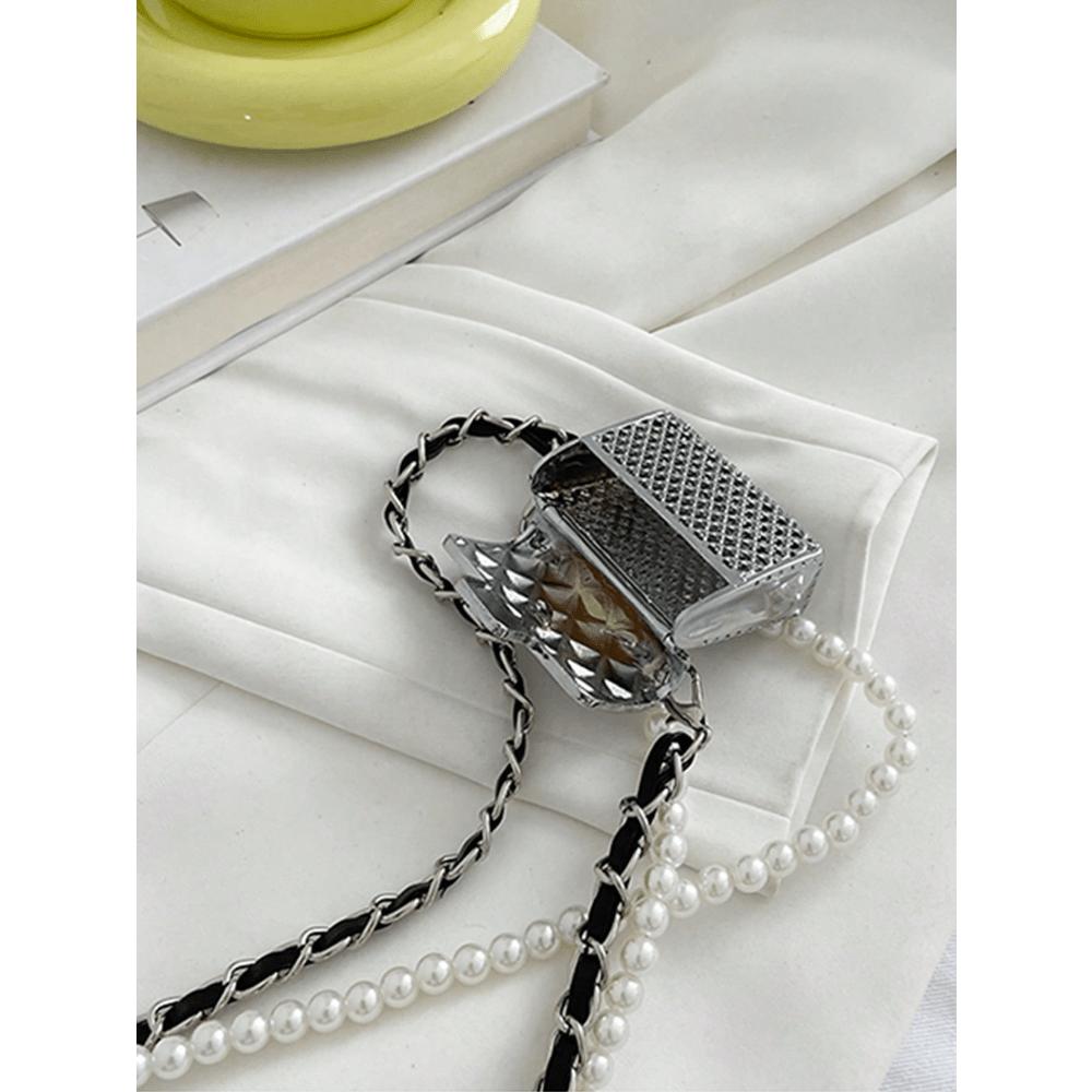 Мини квадратная сумка с клапаном, декор из искусственного жемчуга, металлическая необычная сумка