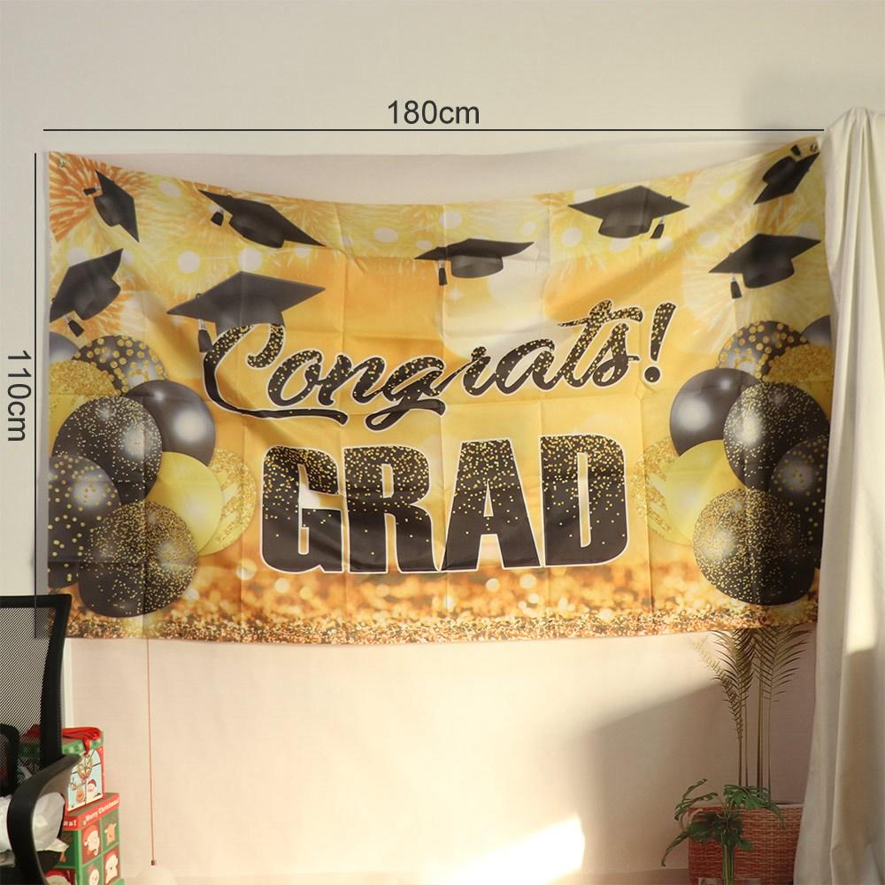 Поздравляем Выпускник Фотофон для Выпускного Шапка Бакалавра Празднуем Счастливый Выпускной Баннер Полиэстер Черный Золотой Блеск