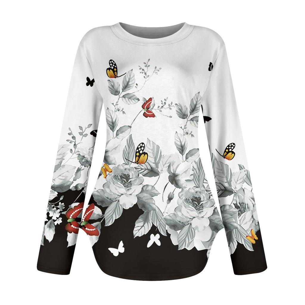 Женская рубашка с длинными рукавами, круглым вырезом и боковым разрезом, винтажный повседневный топ с цветочным принтом и листьями