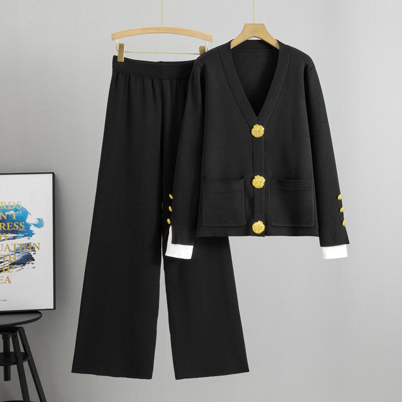 Plus Size Women's Spring New Loose Knit Sweater Casual Pants Two Piece Set