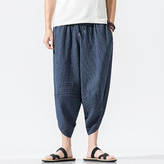 Мужские летние укороченные брюки с эластичной резинкой на талии Брюки-морковки Брюки-шаровары с принтом в вертикальную полоску Уличная одежда