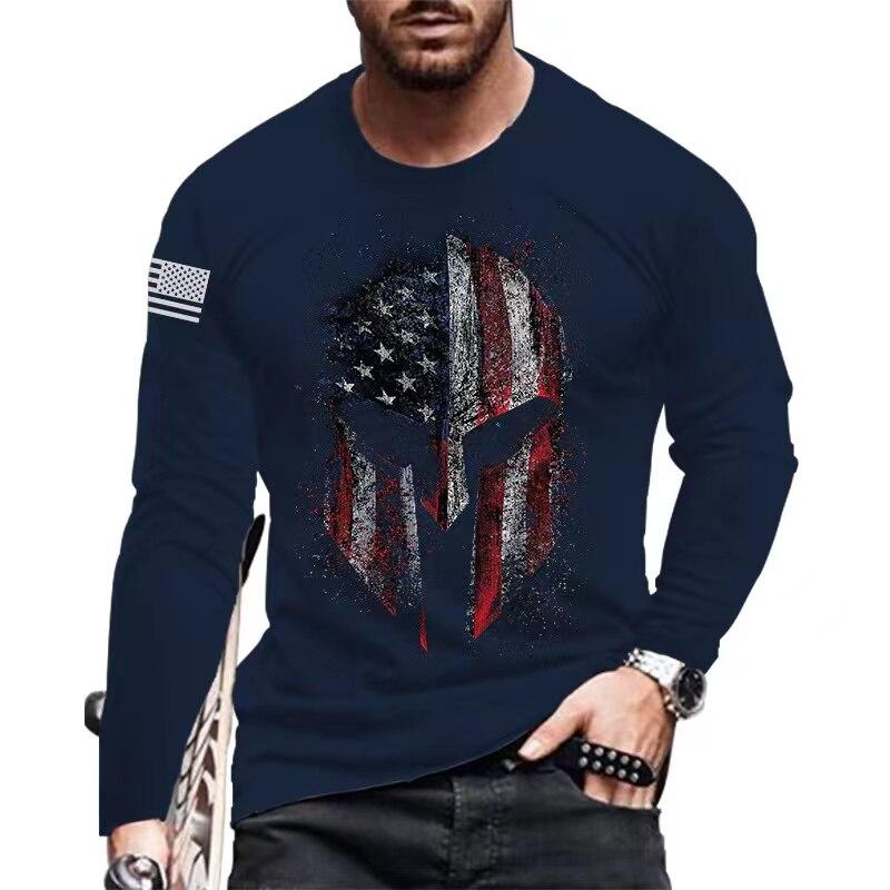 American Flag Print Long-Sleeved Men's T-shirt Spring Autumn Loose Tops Casual Fashion All-Match O-Neck Men Clothing 5XL EU Size