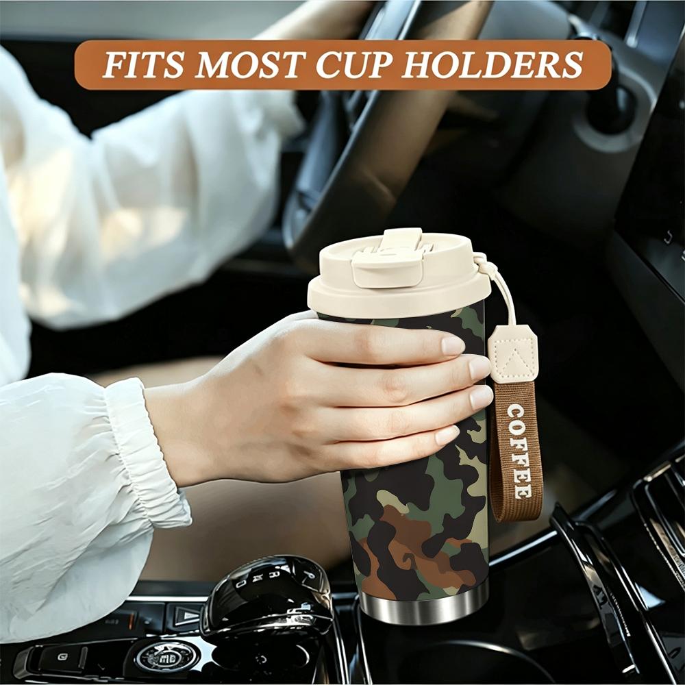 Tactical Camouflage Print Stainless Steel Insulated Coffee Tumbler Reusable Vacuum Thermal Mug, Leakproof Portable Travel Cup for Outdoor Hiking Campi