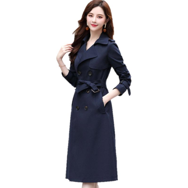 Ветровка женская осенняя мода новая популярная весна и осень длинное по колено на талии однотонное двубортное пальто в британском стиле