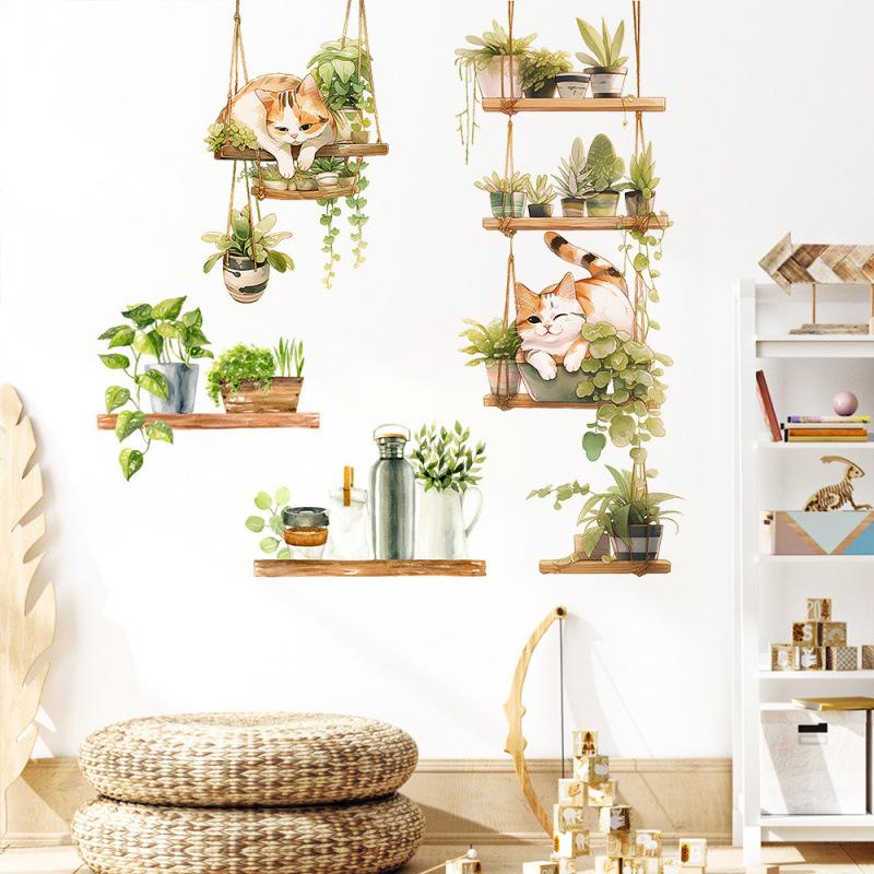 Кошка Зеленый Цветочный Горшок Домашний Фон Настенное Украшение Наклейки на Стену Самоклеящиеся