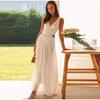 Новое весенне-летнее повседневное плиссированное длинное платье без рукавов, модные женские платья с V-образным вырезом, простое однотонное женское платье с открытой спиной